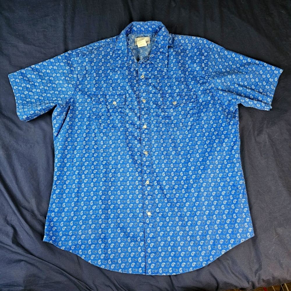 XL Wrangler Blue Paisley Pearl Snap S/S shirt - Picture 2 of 4
